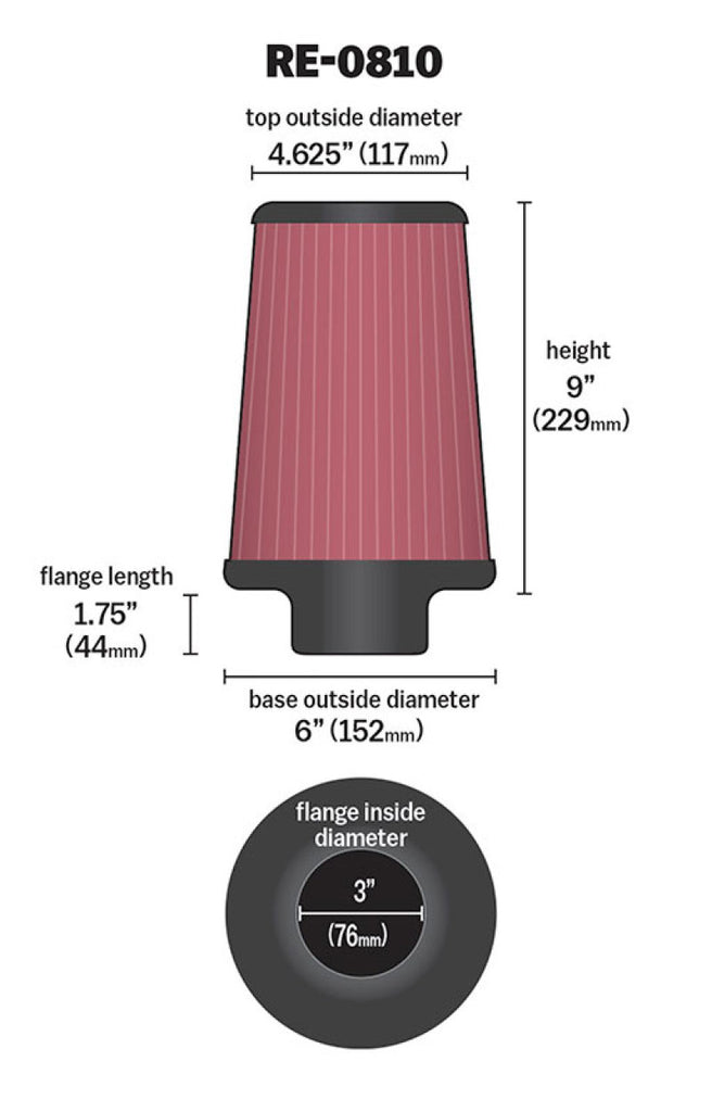 K&N Engineering Air Filters - Universal Fit K&N Universal Rubber Filter 3inch FLG / 6inch OD-B / 4-5/8inch OD-T / 9inch L