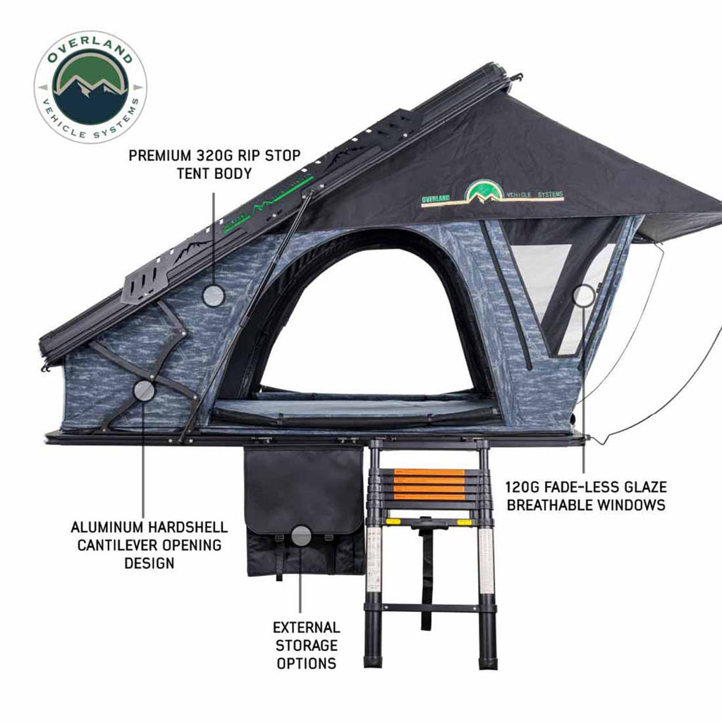 Overland Vehicle Systems Roof Top Tent XD Lohtse - Clamshell Aluminum Roof Top Tent, 2 Person, Grey Body and Black Rainfly Overland Vehicle Systems - 18589902