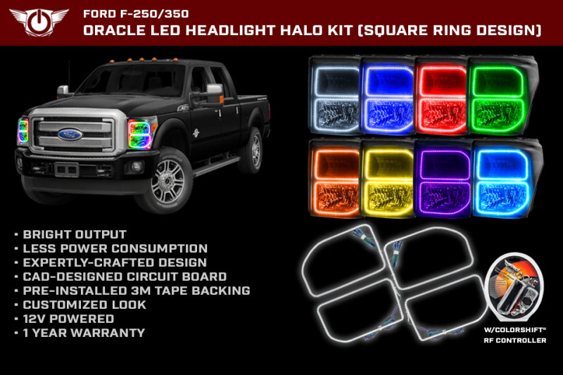 ORACLE Lighting Headlights Oracle Ford F250/350 11-16 Halo Kit (Square Ring Design) - ColorSHIFT w/ BC1 Controller SEE WARRANTY