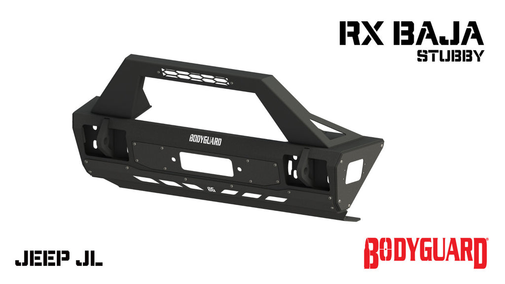 2018-2025 Jeep Wrangler JL Front Bumper Stubby with Push Bar End Cap Light Cutouts With Camera Harness + Pod Texture Black Powdercoat Bodyguard Bumpers