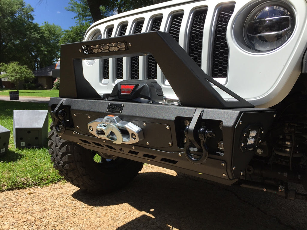 2018-2025 Jeep Wrangler JL Front Bumper Stubby with Push Bar End Cap Light Cutouts With Camera Harness + Pod Texture Black Powdercoat Bodyguard Bumpers