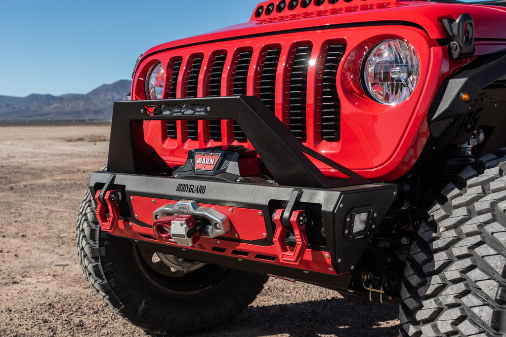 2018-2025 Jeep Wrangler JL Front Bumper Stubby with Push Bar End Cap Light Cutouts With Camera Harness + Pod Texture Black Powdercoat Bodyguard Bumpers