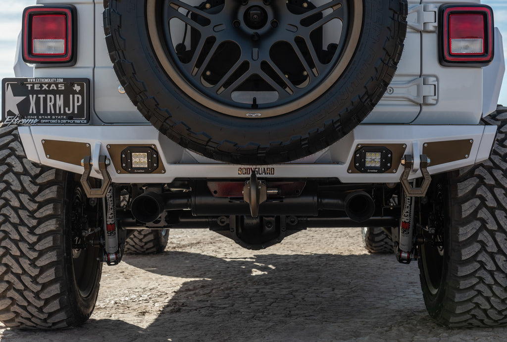 2018-2025 Jeep Wrangler JL Rear Bumper Sensor Cutouts Reverse Light Cutouts Texture Black Powdercoat Bodyguard Bumpers