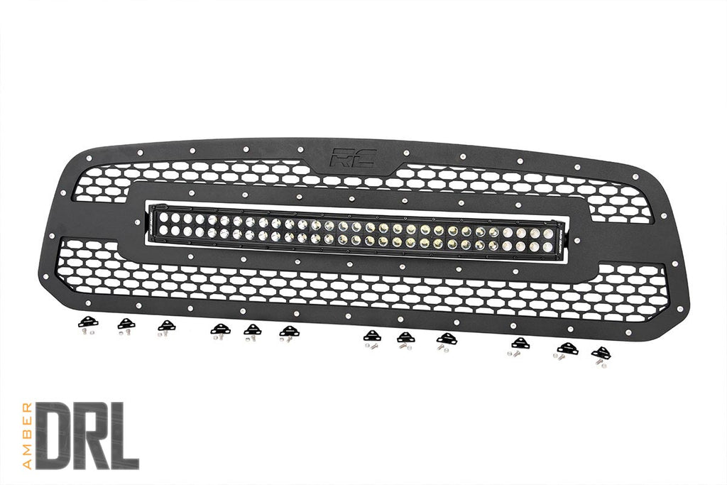 Dodge Mesh Grille 30 Inch Dual Row Black Series LED w/Amber DRL 13-18 RAM 1500 Rough Country