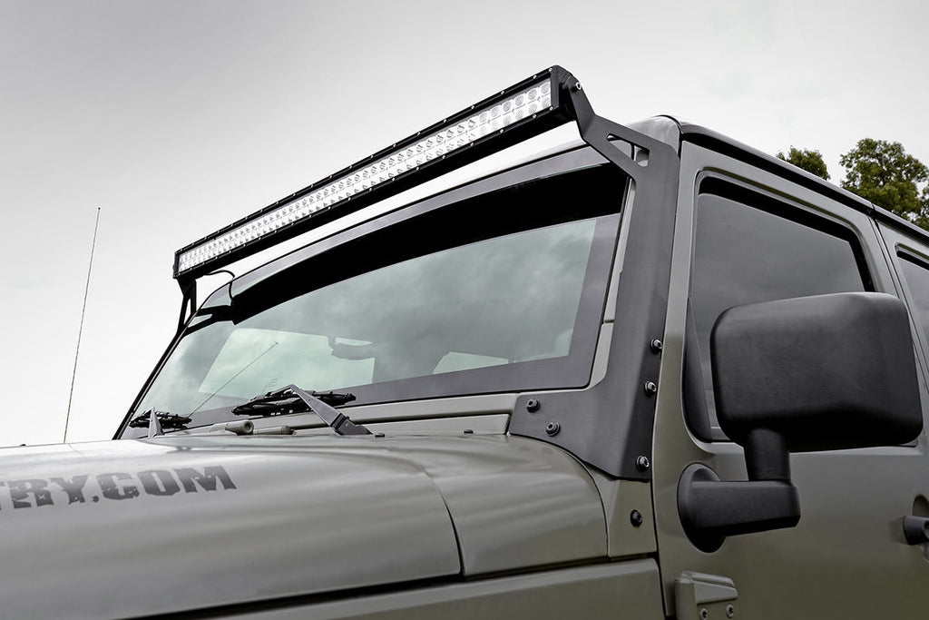 Jeep 50-Inch Straight LED Light Bar Upper Windshield Kit w/ 50 Inch Black Series LED Light w/ Amber DRL 07-18 Wrangler JK Rough Country