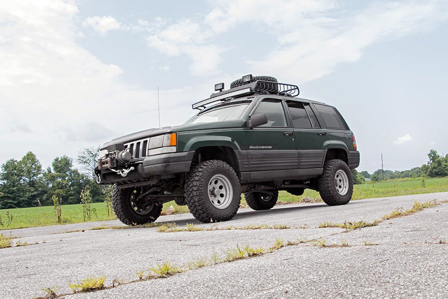 Jeep 50 Inch Curved LED Light Bar Upper Windshield Mounts 93-98 ZJ Grand Cherokee Rough Country