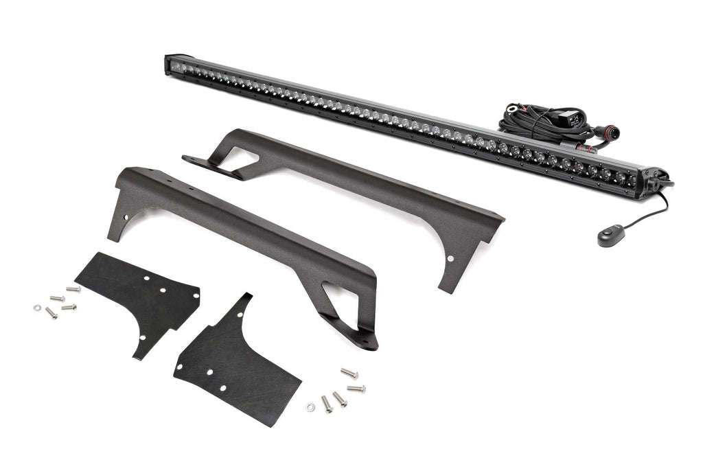 Rough Country LED Light Kit Jeep 50-inch Straight LED Light Bar Upper Windshield Kit w/ Single Row Black Series LED w/ DRL (97-06 TJ) Rough Country - 70588BLDRL