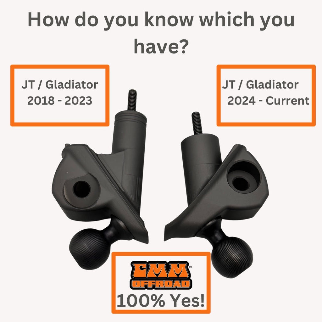 CMM Offroad comparison of 2018–2023 and 2024+ mirror mount shapes — available from Offroad Trading Company
