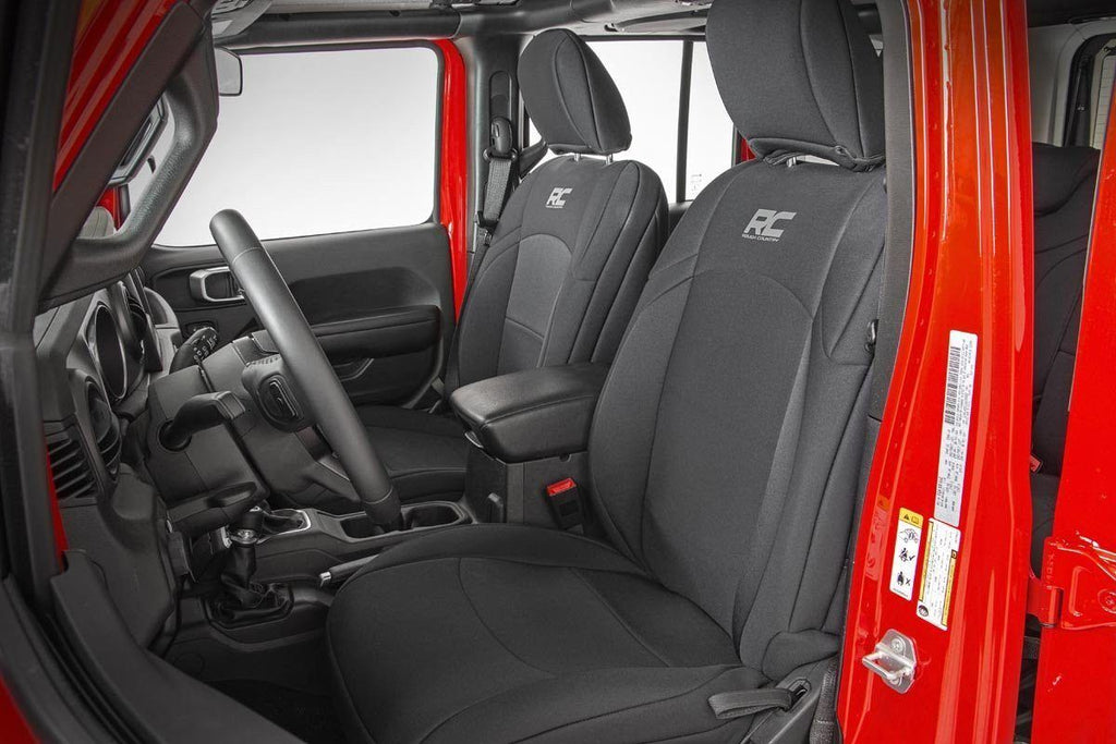 Jeep Neoprene Seat Cover Set Black 18-20 Wrangler JL Unlimited w/Rear Center Armrest Rough Country
