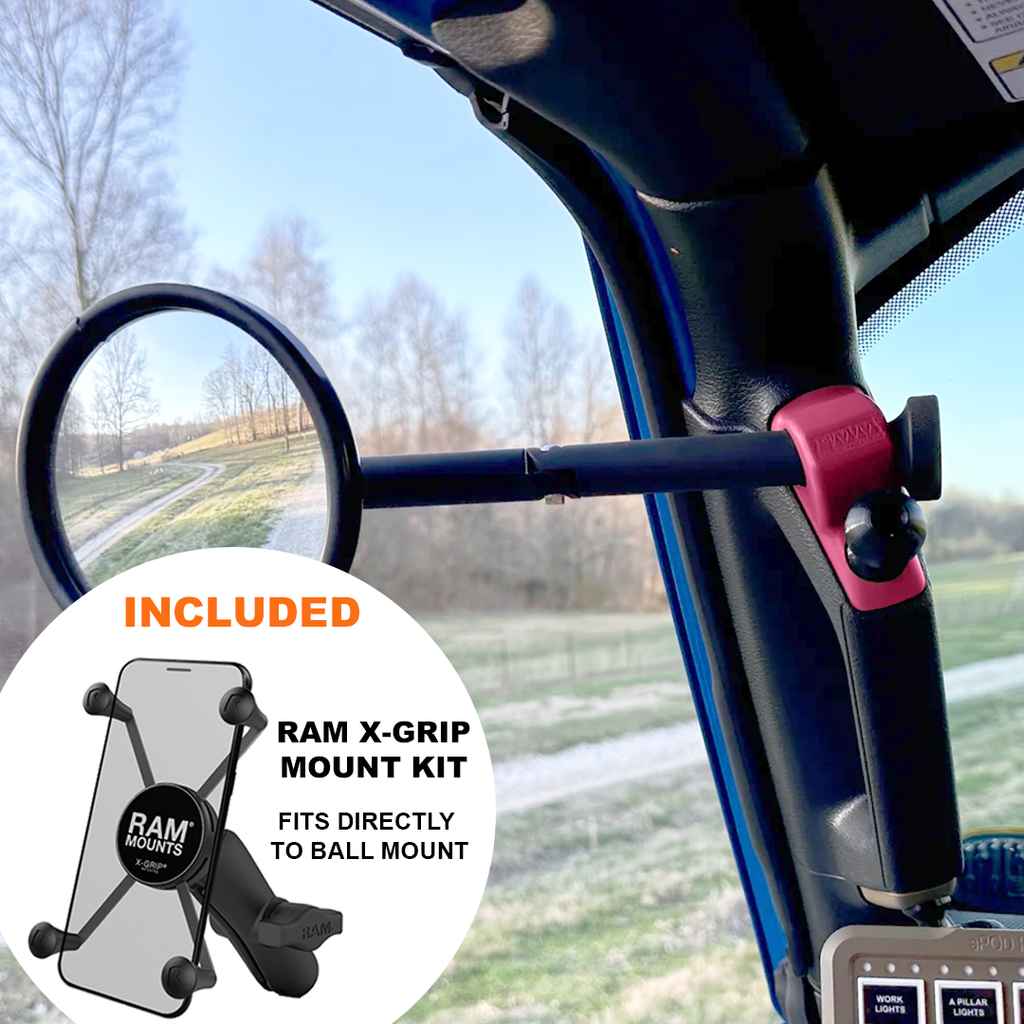 CMM Offroad Mirrors 1" Ball Mount + Ram Mount with X-Grip XL / pink / 8" Breakaway JL/JLU A-Pillar Side Jeep Mirrors with Base Mount Driver AND Passenger