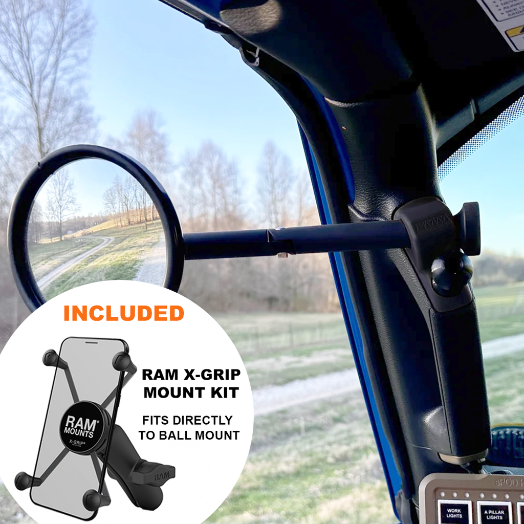 CMM Offroad Mirrors 1" BALL MOUNT + RAM MOUNT WITH X-GRIP XL / black / 8" Breakaway Gladiator JT A-Pillar Side Mirrors with Base Mount Driver AND Passenger