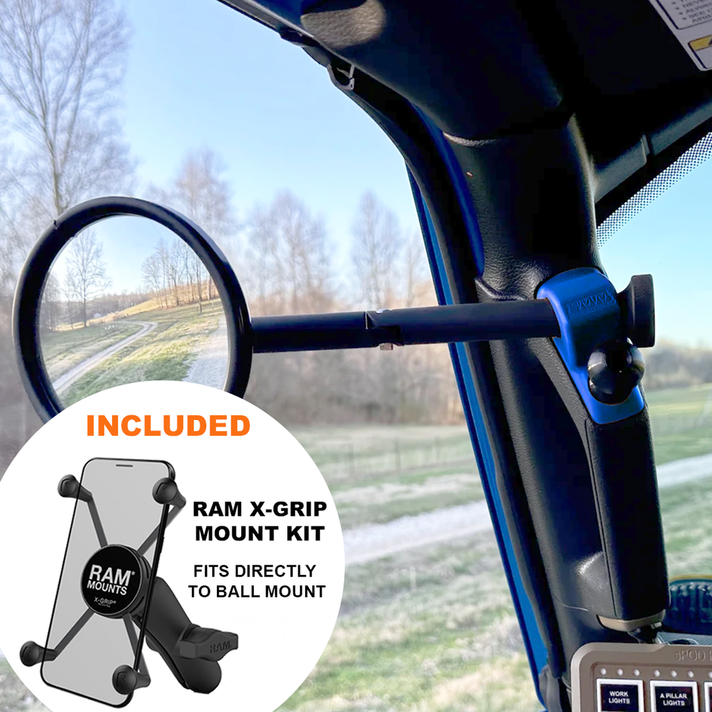 CMM Offroad Mirrors 1" Ball Mount + Ram Mount with X-Grip XL / blue / 8" Breakaway JL/JLU A-Pillar Side Jeep Mirrors with Base Mount Driver AND Passenger