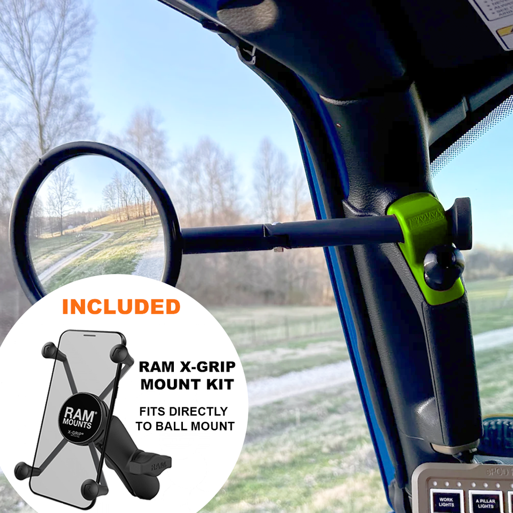 CMM Offroad Mirrors 1" Ball Mount + Ram Mount with X-Grip XL / green / 8" Breakaway JL/JLU A-Pillar Side Jeep Mirrors with Base Mount Driver AND Passenger