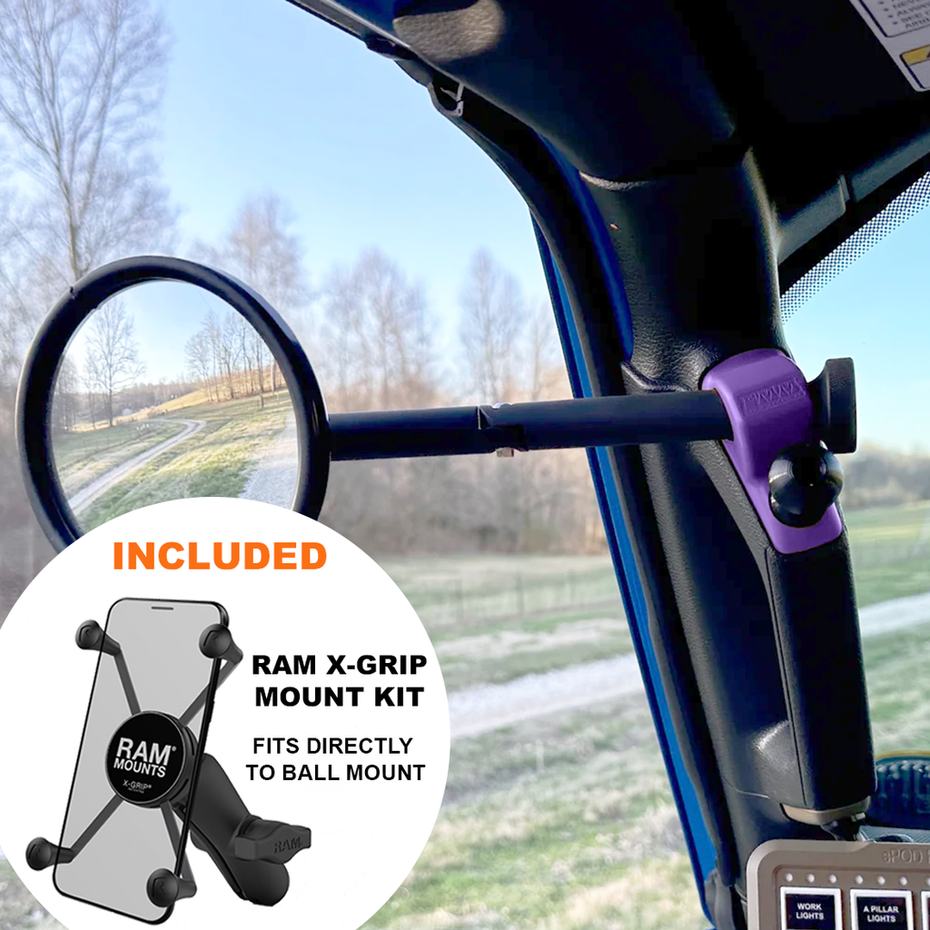 CMM Offroad Mirrors 1" Ball Mount + Ram Mount with X-Grip XL / purple / 8" Breakaway JL/JLU A-Pillar Side Jeep Mirrors with Base Mount Driver AND Passenger