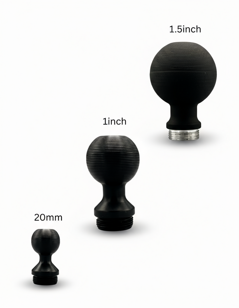 CMM Offroad accessory mounting ball size comparison graphic — available from Offroad Trading Company
