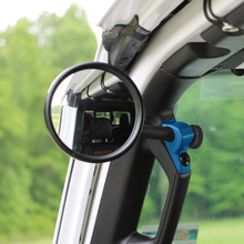 Load image into Gallery viewer, CMM Offroad round Jeep side mirror installed on A-Pillar base mount — available from Offroad Trading Company