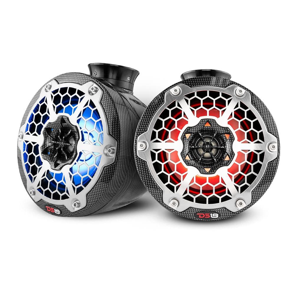 HYDRO 6.5 Inch Short Marine Towers W/ Flat and Pole Mount RGB LED Lights 375 Watts Black Carbon Fiber DS18