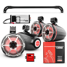 Load image into Gallery viewer, JL-TUBESOFT 4x 8" Marine Towers Speakers with RGB LED Lights, 4-Channel Marine Amplifier and AMPKIT for JLU Soft Top