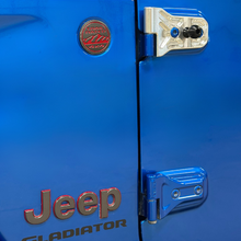 Load image into Gallery viewer, CMM Offroad Jeep door hinges installed with doors closed — available from Offroad Trading Company