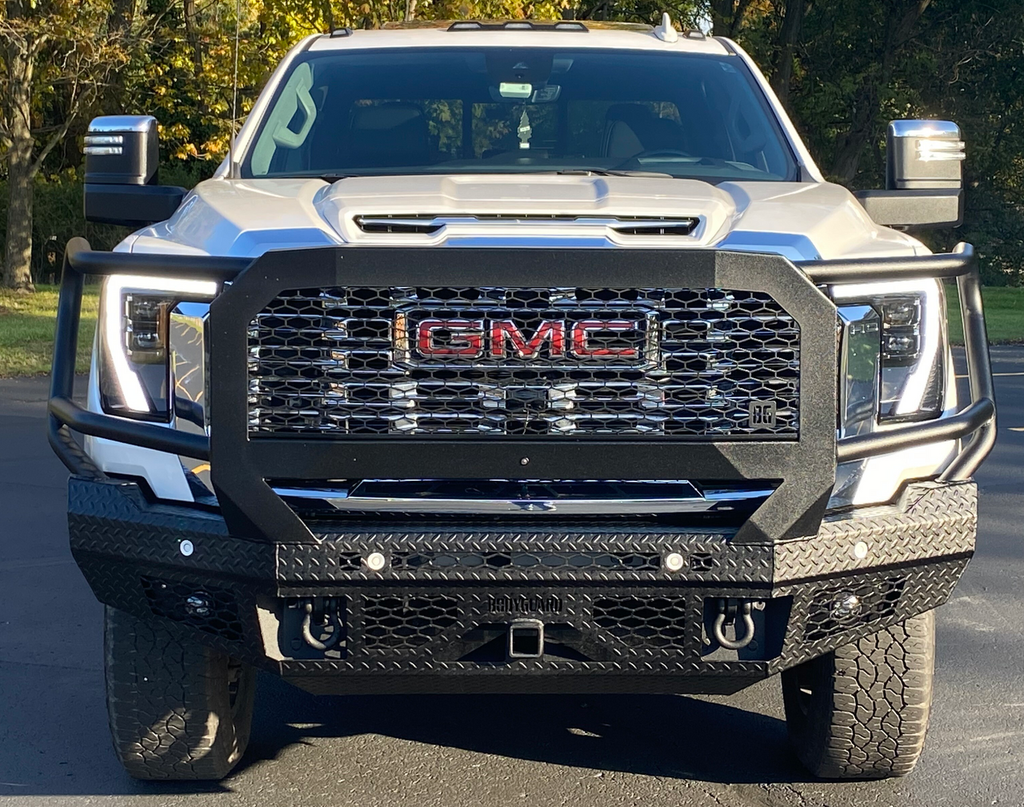 FT Front Bumper Extreme For 2024-2026 Sierra 2500/3500 HD Sensor Cutouts Fog Cutouts Receiver With Mesh Grill With Camera Harness Gloss Black Powdercoat Bodyguard Bumpers