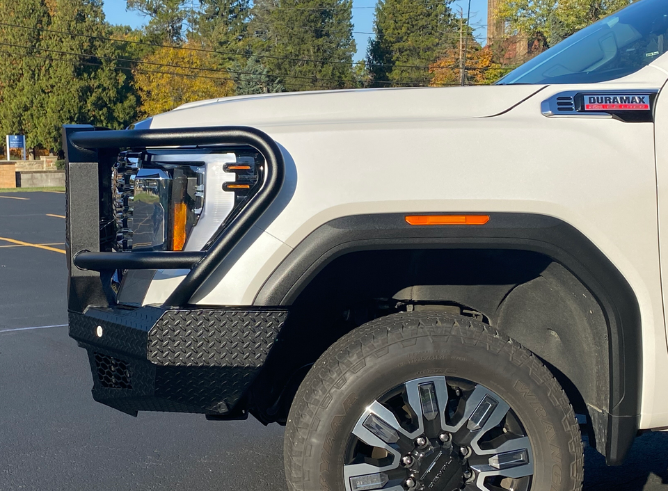 FT Front Bumper Extreme For 2024-2026 Sierra 2500/3500 HD Sensor Cutouts Fog Cutouts Receiver With Mesh Grill With Camera Harness Gloss Black Powdercoat Bodyguard Bumpers