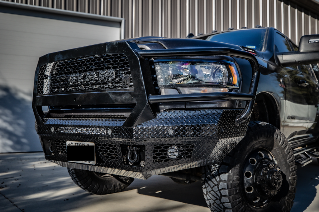 FT Front Bumper Extreme For 2019-2026 Ram 2500/3500 HD Sensor Cutouts Fog Cutouts Receiver With Mesh Grill With Camera Harness Gloss Black Powdercoat Bodyguard Bumpers
