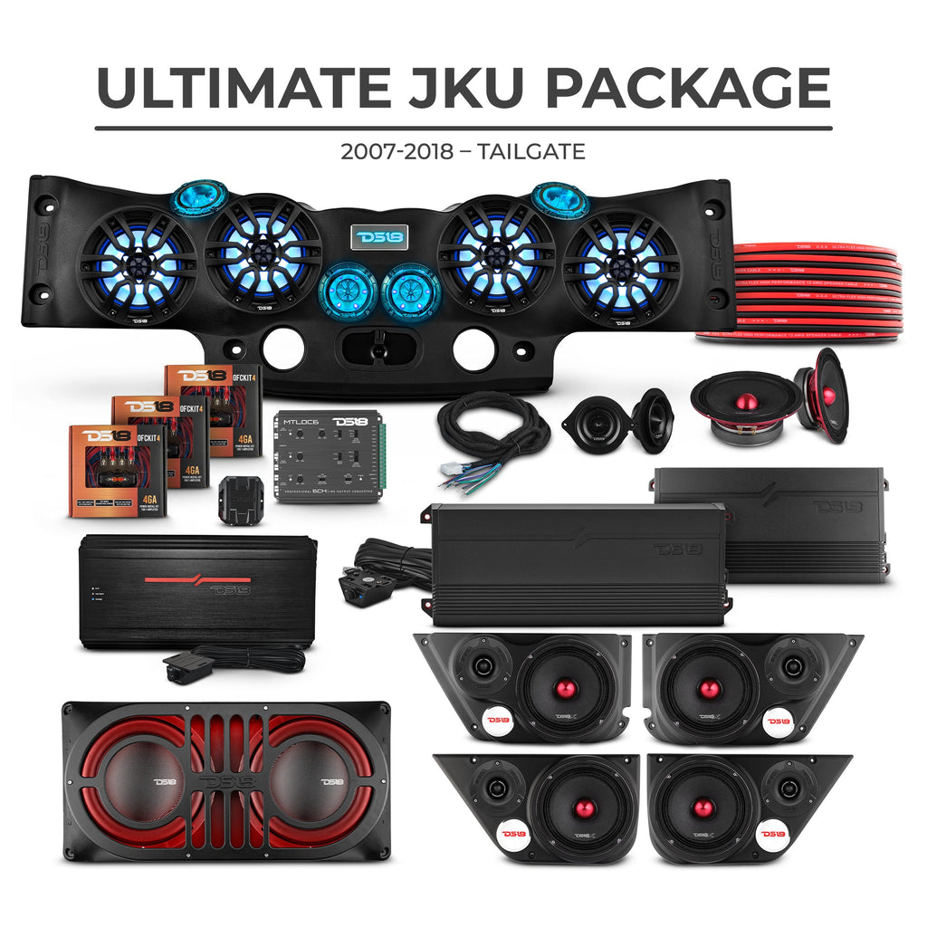 Jeep JKU 2007-2018 Ultimate Package – Loaded Sound Bar, Door Panels, Tailgate Subwoofers & Amplifiers