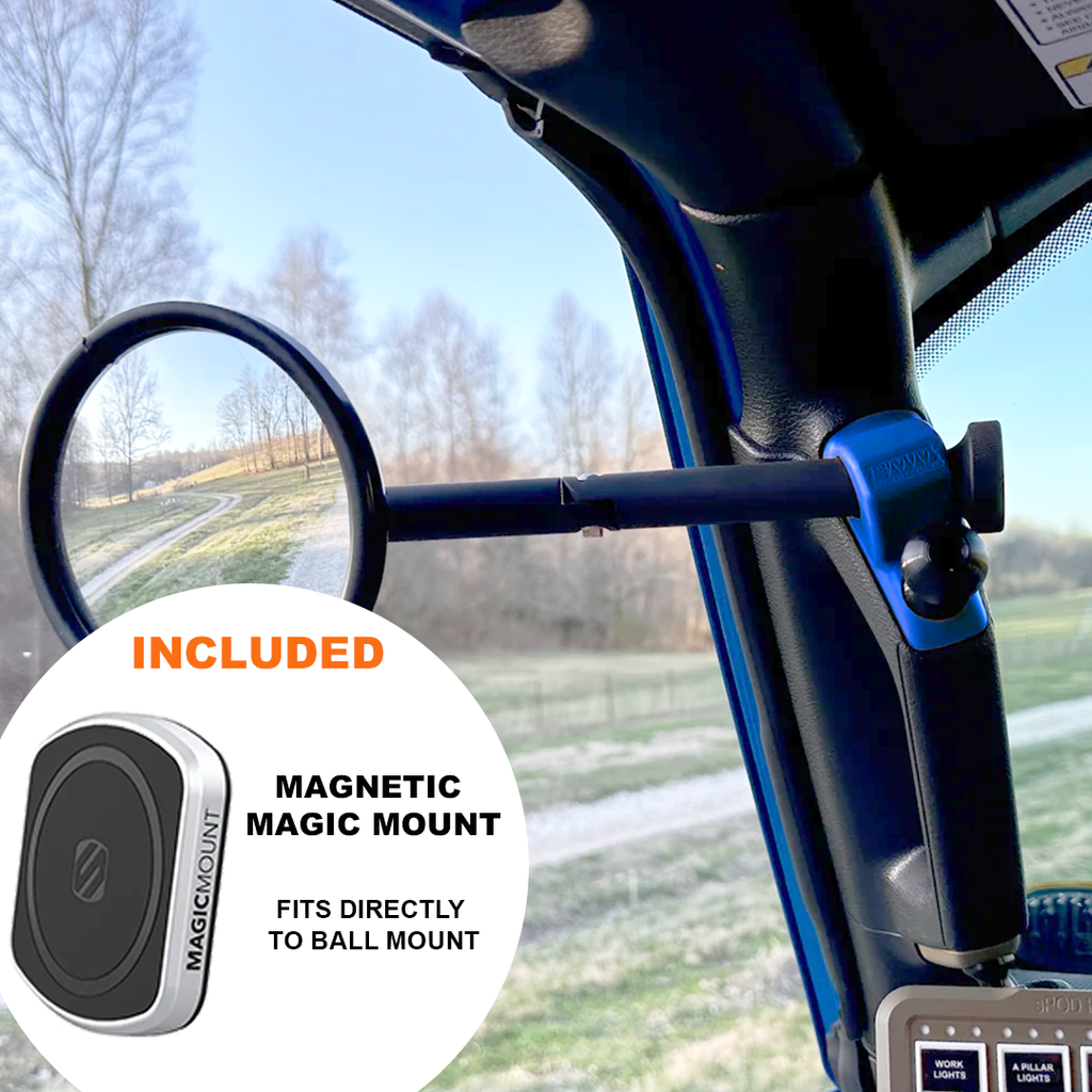 CMM Offroad Mirrors 1" Ball Mount + Scosche MagicMount™ Magnetic Flush Mount / blue / 8" Breakaway JL/JLU A-Pillar Side Jeep Mirrors with Base Mount Driver AND Passenger