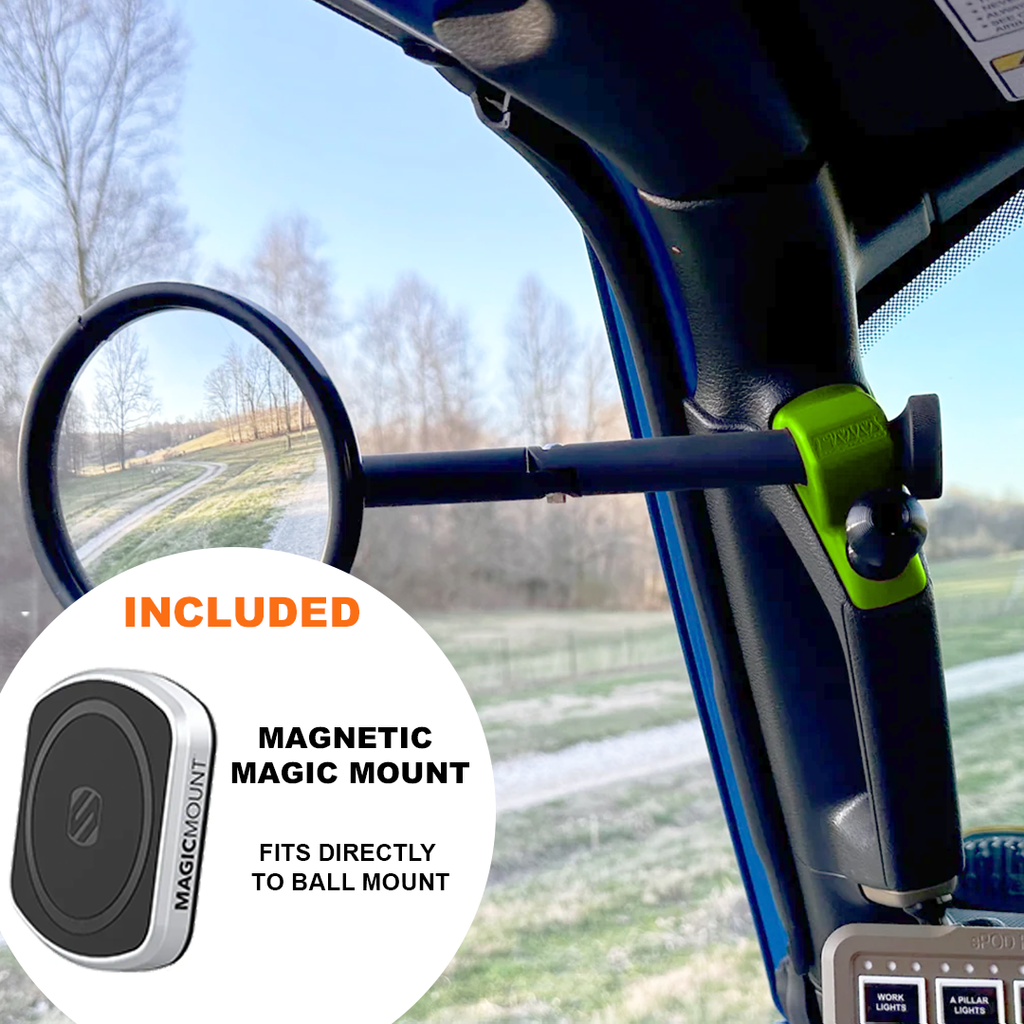 CMM Offroad Mirrors 1" BALL MOUNT + SCOSCHE MAGICMOUNT™ MAGNETIC FLUSH MOUNT / green / 8" Breakaway Gladiator JT A-Pillar Side Mirrors with Base Mount Driver AND Passenger