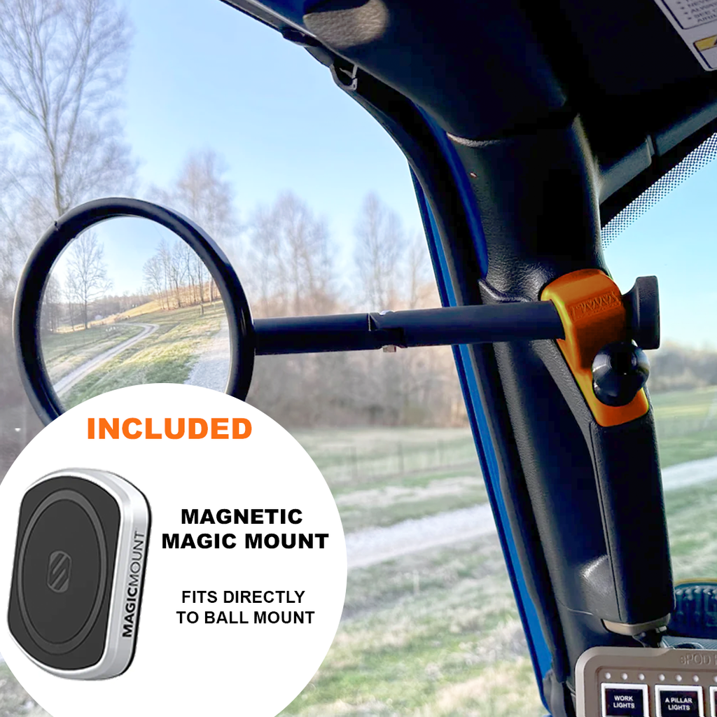 CMM Offroad Mirrors 1" BALL MOUNT + SCOSCHE MAGICMOUNT™ MAGNETIC FLUSH MOUNT / orange / 8" Breakaway Gladiator JT A-Pillar Side Mirrors with Base Mount Driver AND Passenger