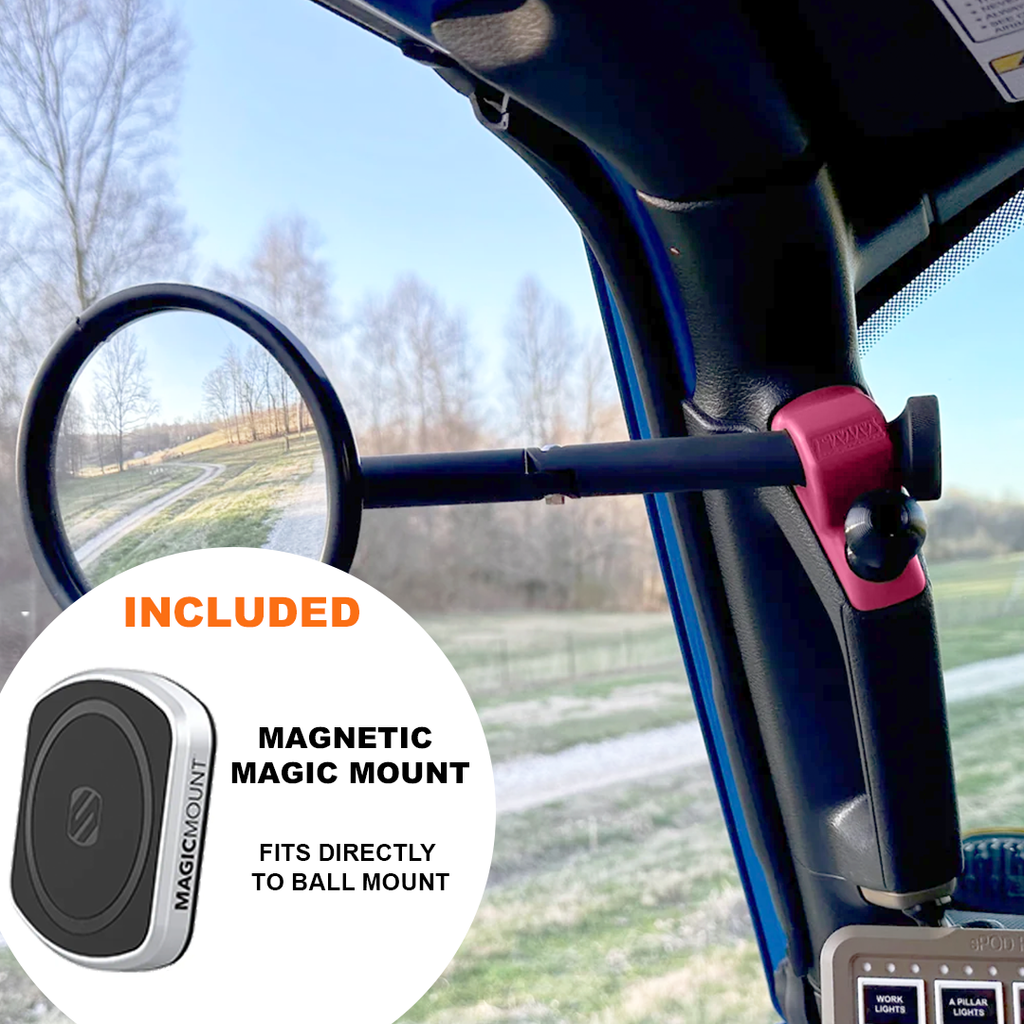 CMM Offroad Mirrors 1" Ball Mount + Scosche MagicMount™ Magnetic Flush Mount / pink / 8" Breakaway JL/JLU A-Pillar Side Jeep Mirrors with Base Mount Driver AND Passenger