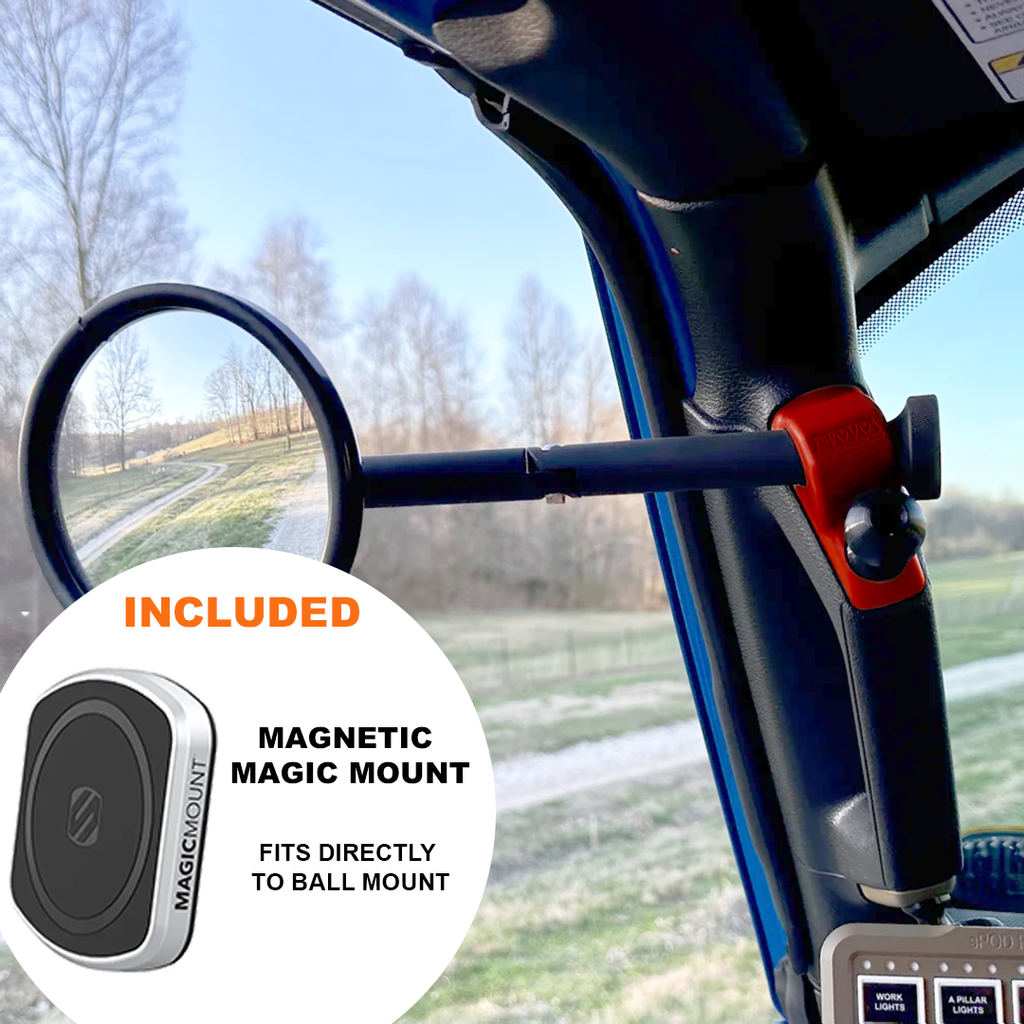 CMM Offroad Mirrors 1" BALL MOUNT + SCOSCHE MAGICMOUNT™ MAGNETIC FLUSH MOUNT / red / 8" Breakaway Gladiator JT A-Pillar Side Mirrors with Base Mount Driver AND Passenger