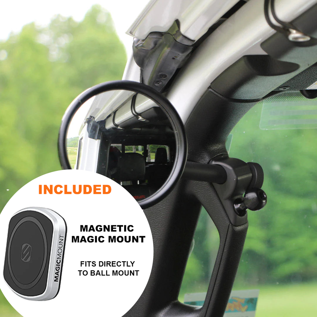 CMM Offroad Mirrors 1" Ball Mount + Scosche MagicMount™ Magnetic Flush Mount / black / 6" + 1" Ball Mount on the end JL/JLU A-Pillar Side Jeep Mirrors with Base Mount Driver AND Passenger