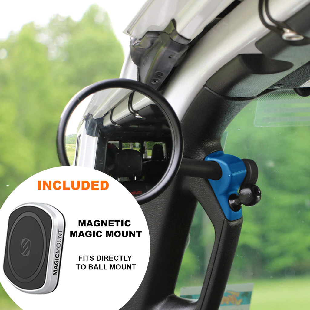 CMM Offroad Mirrors 1" Ball Mount + Scosche MagicMount™ Magnetic Flush Mount / blue / 6" + 1" Ball Mount on the end JL/JLU A-Pillar Side Jeep Mirrors with Base Mount Driver AND Passenger