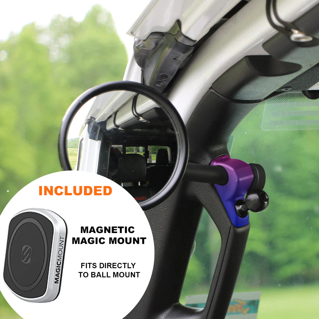 CMM Offroad Mirrors 1" Ball Mount + Scosche MagicMount™ Magnetic Flush Mount / custom / 6" + 1" Ball Mount on the end JL/JLU A-Pillar Side Jeep Mirrors with Base Mount Driver AND Passenger