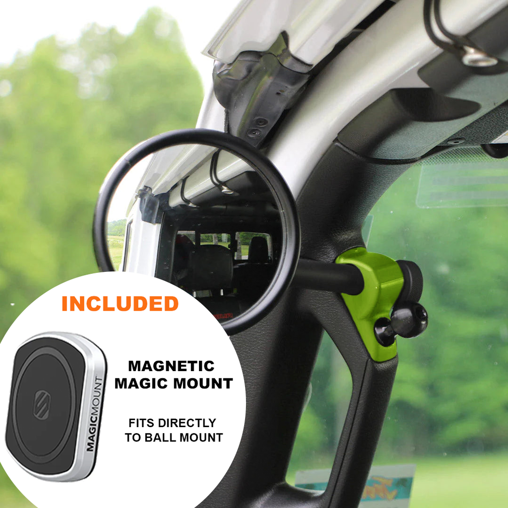 CMM Offroad Mirrors 1" Ball Mount + Scosche MagicMount™ Magnetic Flush Mount / green / 6" + 1" Ball Mount on the end JL/JLU A-Pillar Side Jeep Mirrors with Base Mount Driver AND Passenger