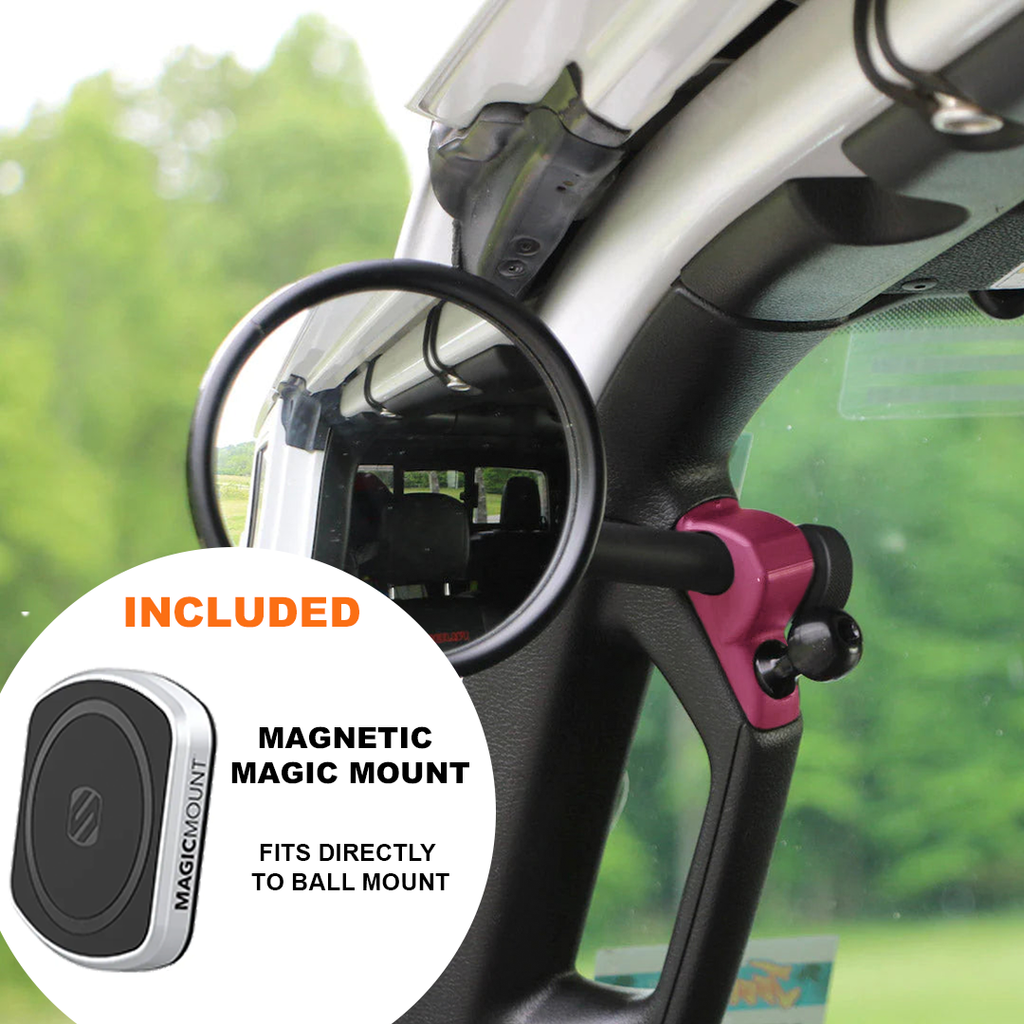 CMM Offroad Mirrors 1" Ball Mount + Scosche MagicMount™ Magnetic Flush Mount / pink / 6" + 1" Ball Mount on the end JL/JLU A-Pillar Side Jeep Mirrors with Base Mount Driver AND Passenger