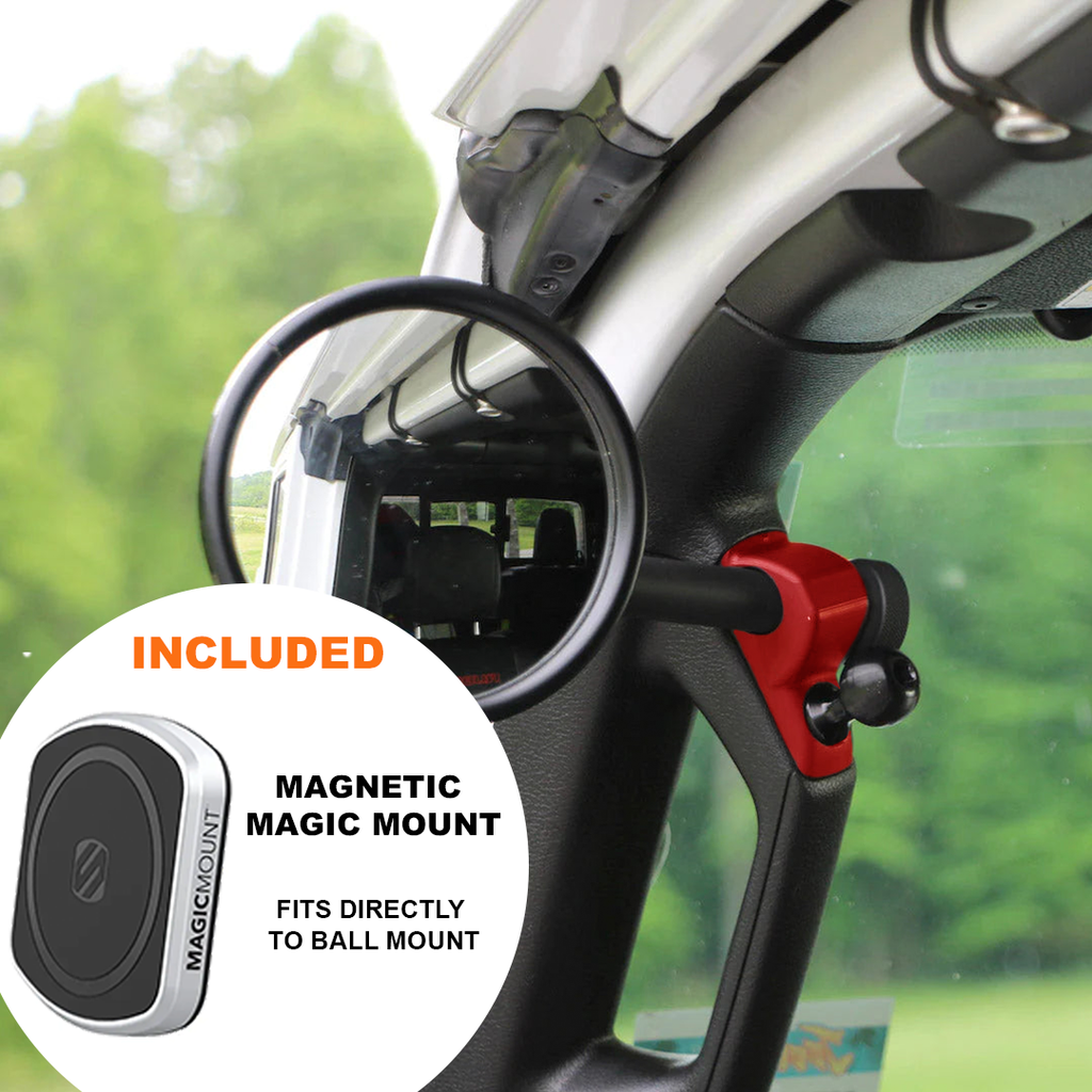 CMM Offroad Mirrors 1" Ball Mount + Scosche MagicMount™ Magnetic Flush Mount / red / 6" + 1" Ball Mount on the end JL/JLU A-Pillar Side Jeep Mirrors with Base Mount Driver AND Passenger
