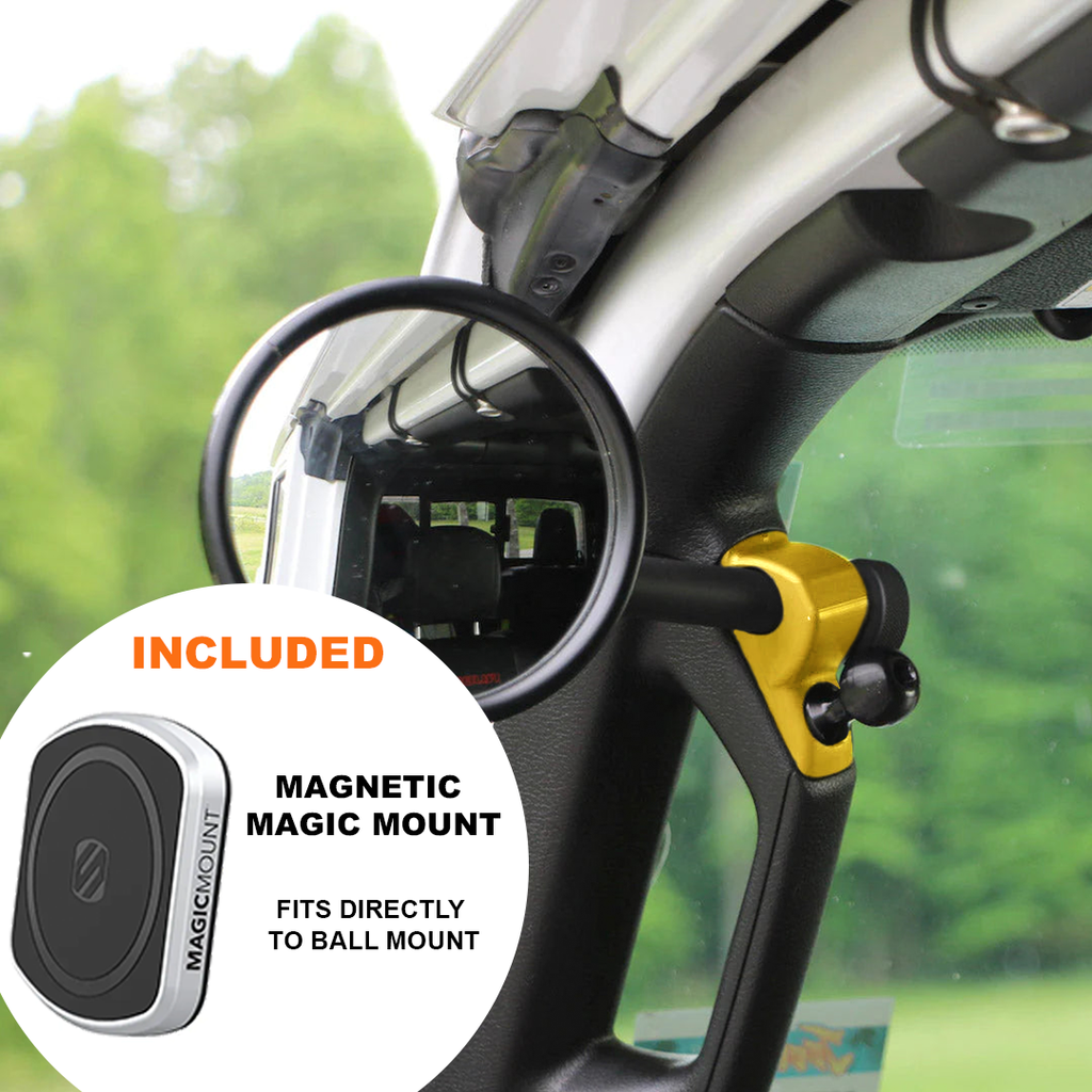 CMM Offroad Mirrors 1" Ball Mount + Scosche MagicMount™ Magnetic Flush Mount / yellow / 6" + 1" Ball Mount on the end JL/JLU A-Pillar Side Jeep Mirrors with Base Mount Driver AND Passenger