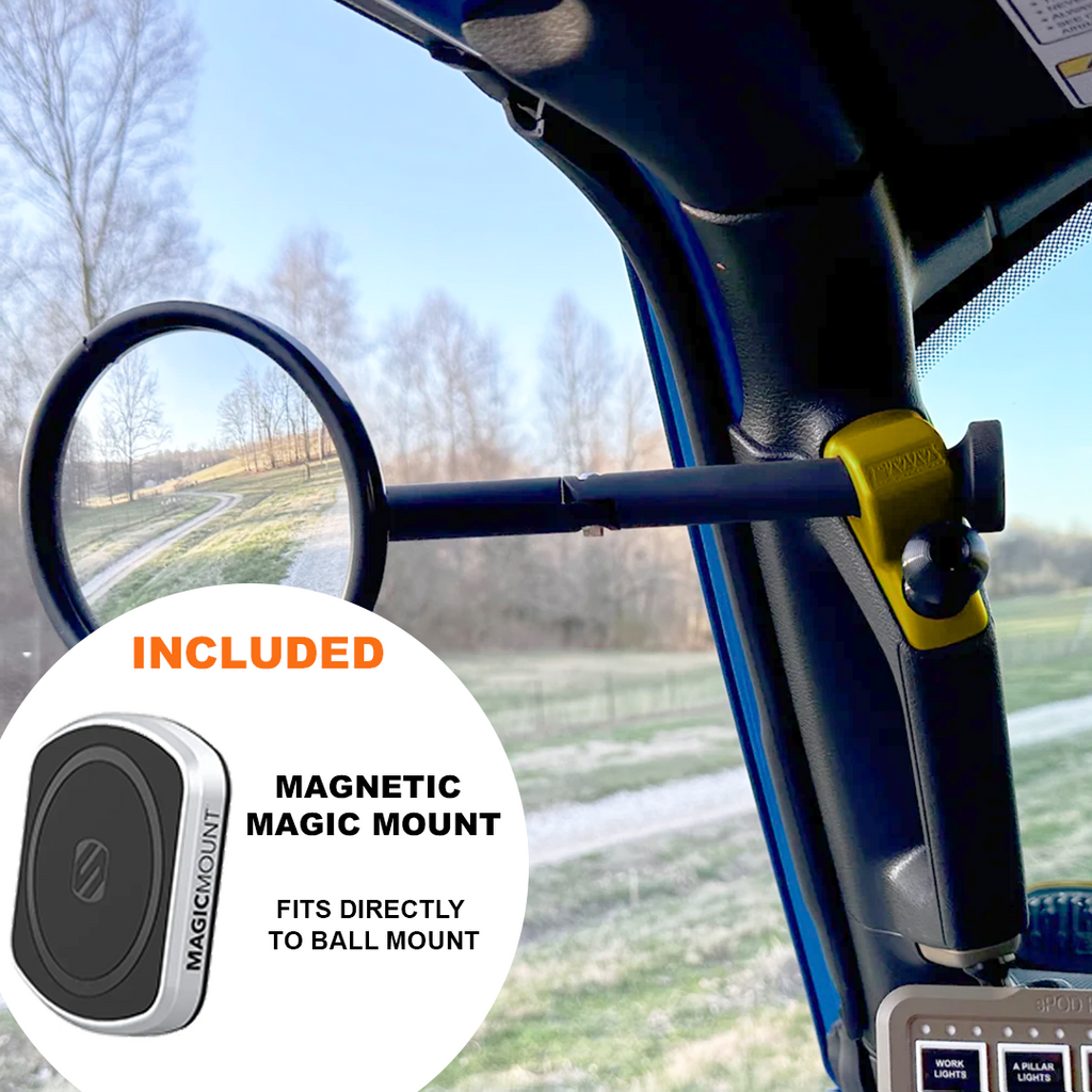CMM Offroad Jeep A-Pillar side mirror with magnetic phone mount option shown — available from Offroad Trading Company