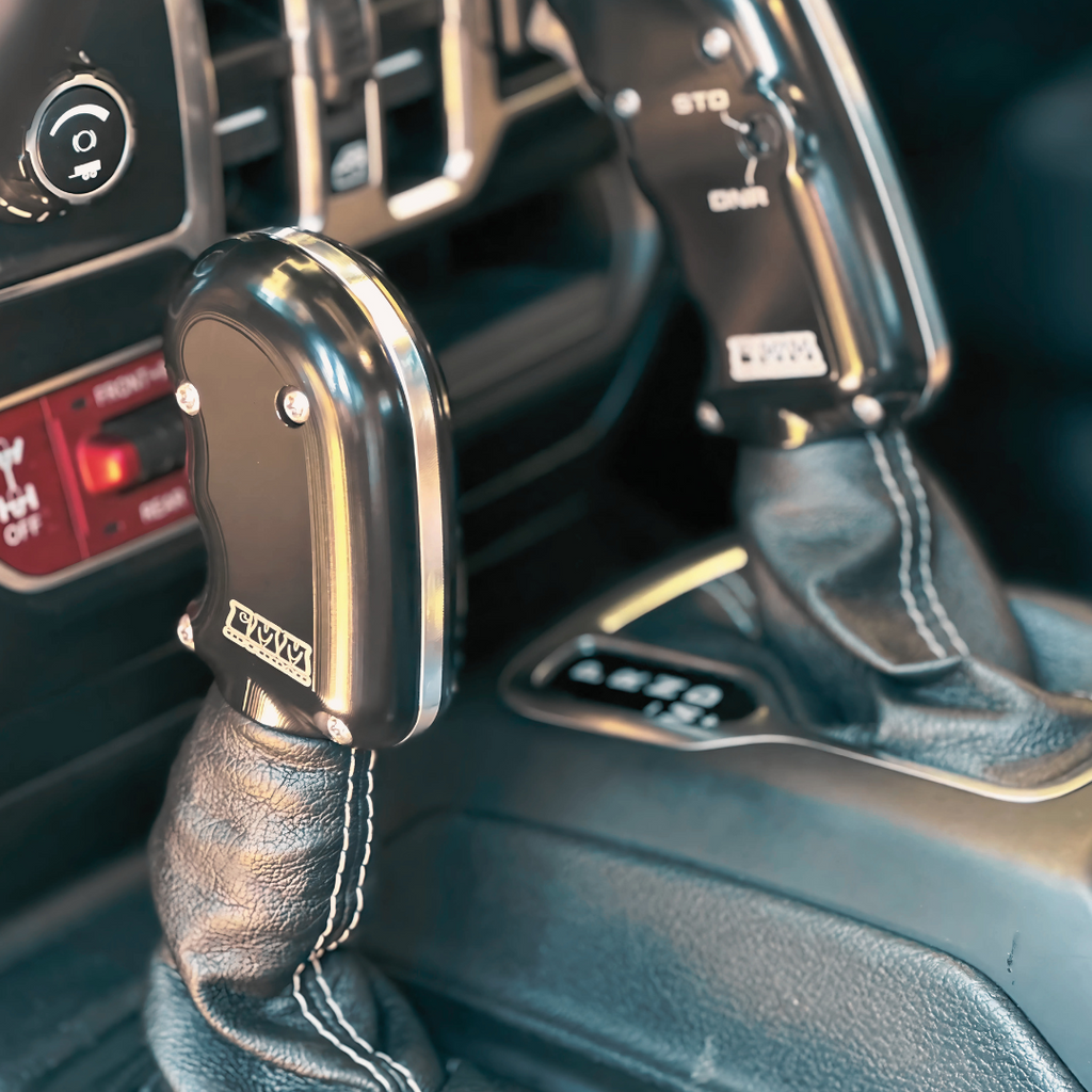CMM Offroad Jeep center console with billet shifter installed — available from Offroad Trading Company