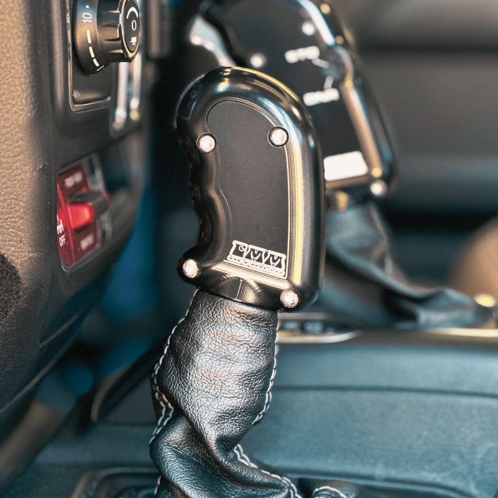 CMM Offroad Jeep center console with billet shifter installed — available from Offroad Trading Company