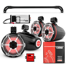 Load image into Gallery viewer, JL-TUBESOFT 4x 8" Marine Towers Speakers with RGB LED Lights, 4-Channel Marine Amplifier and AMPKIT for JLU Soft Top