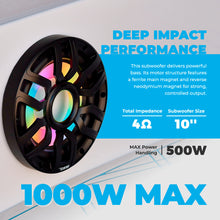 Load image into Gallery viewer, 10” Marine Subwoofer with Hybrid Magnet Motor, Removable Grille and Digital LED Lights - 500W RMS 4-Ohm