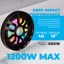 Load image into Gallery viewer, 12” Marine Subwoofer with Hybrid Magnet Motor, Removable Grille and Digital LED Lights - 600W RMS 4-Ohm