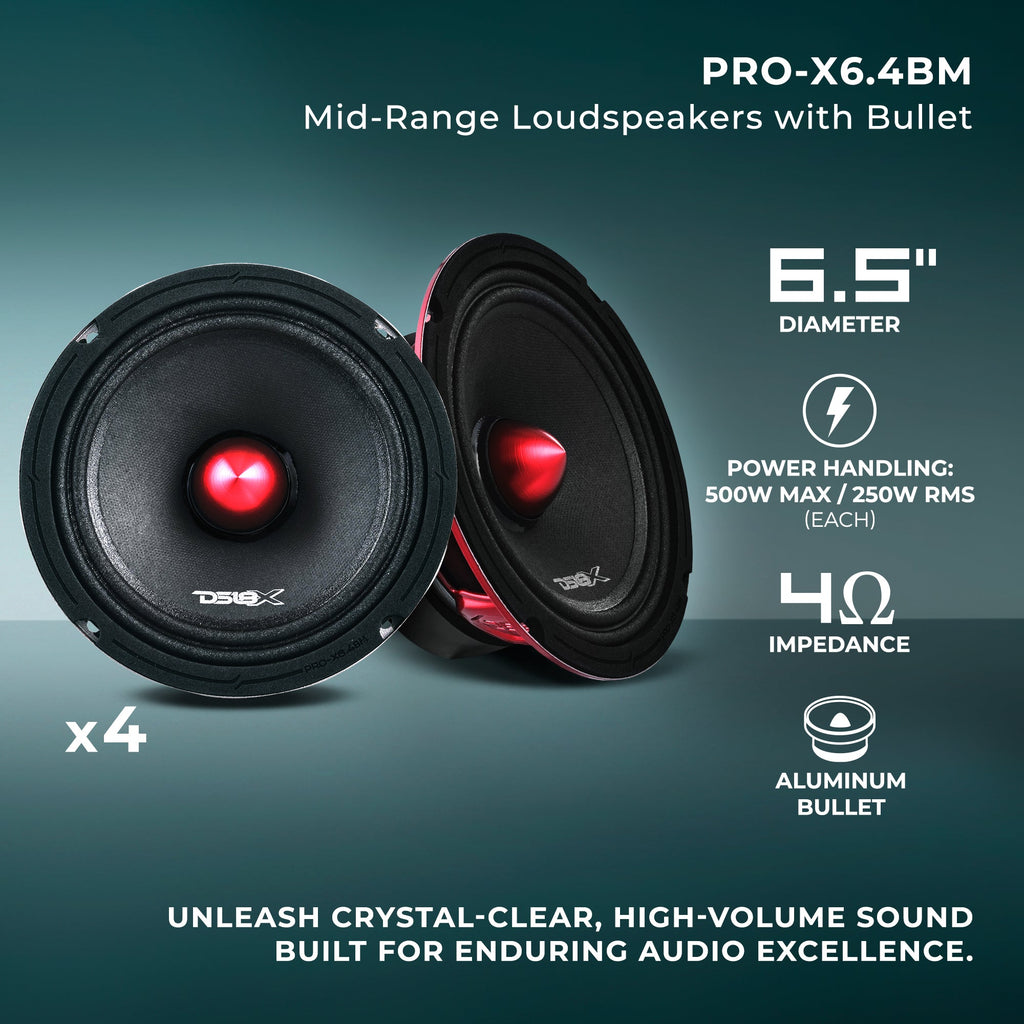Pro Audio Speaker + Tweeter Bundle: 6.5" Midrange Speakers and 3.8" Bullet Tweeters with OEM Speaker Adapters, Amplifier, and Wiring Kit