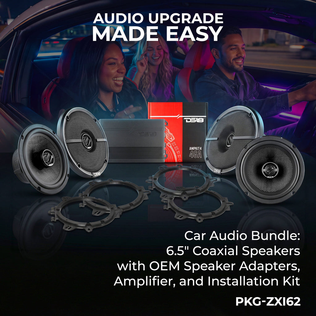 Car Audio Bundle: 6.5" Coaxial Speakers with OEM Speaker Adapters, Amplifier, and Installation Kit