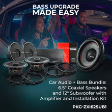 Load image into Gallery viewer, Car Audio + Bass Bundle: 6.5" Coaxial Speakers and 12" Subwoofer with Amplifier and Installation Kit