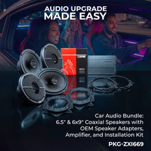 Load image into Gallery viewer, Car Audio Bundle: 6.5" &amp; 6x9" Coaxial Speakers with OEM Speaker Adapters, Amplifier, and Installation Kit