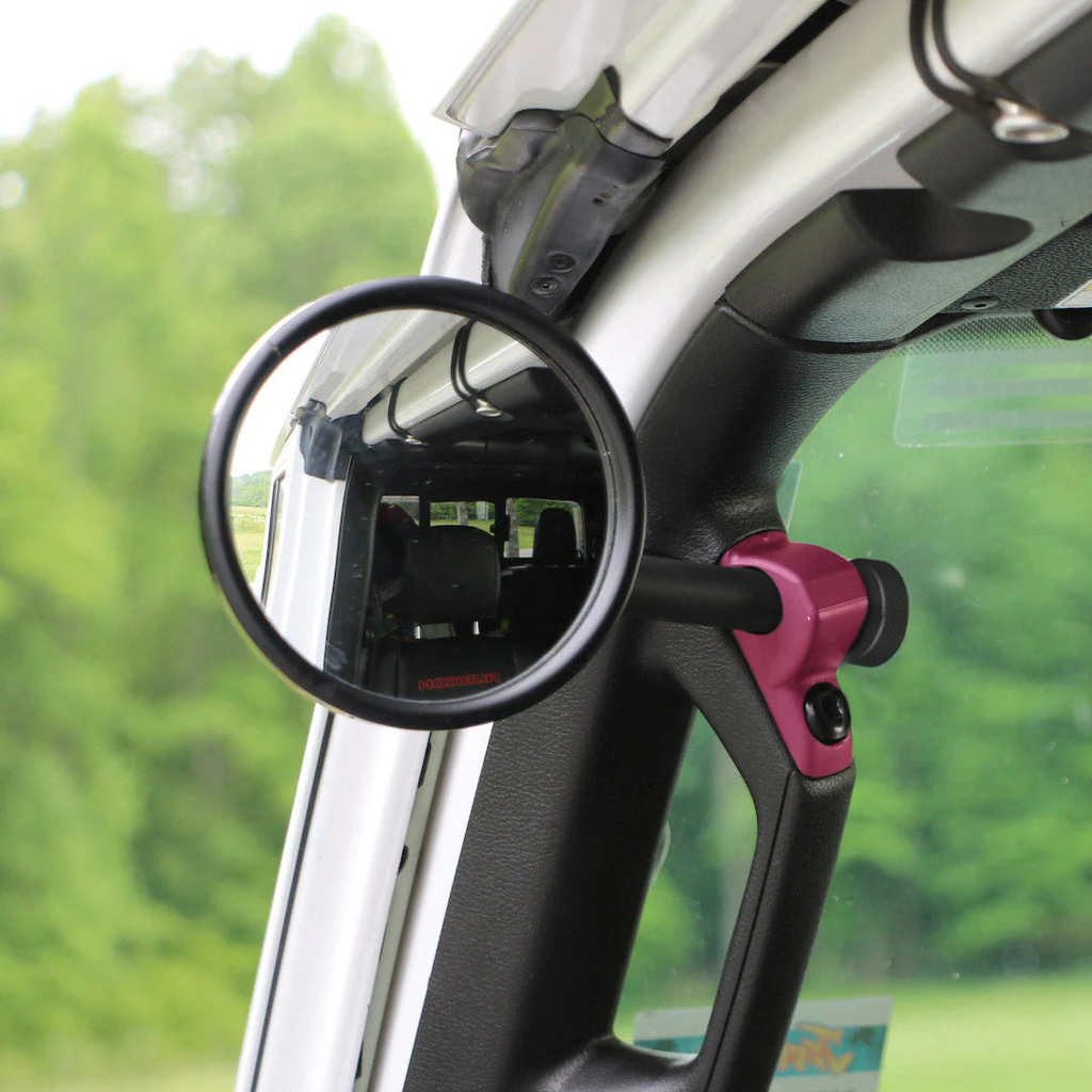 CMM Offroad round Jeep side mirror installed on A-Pillar base mount — available from Offroad Trading Company